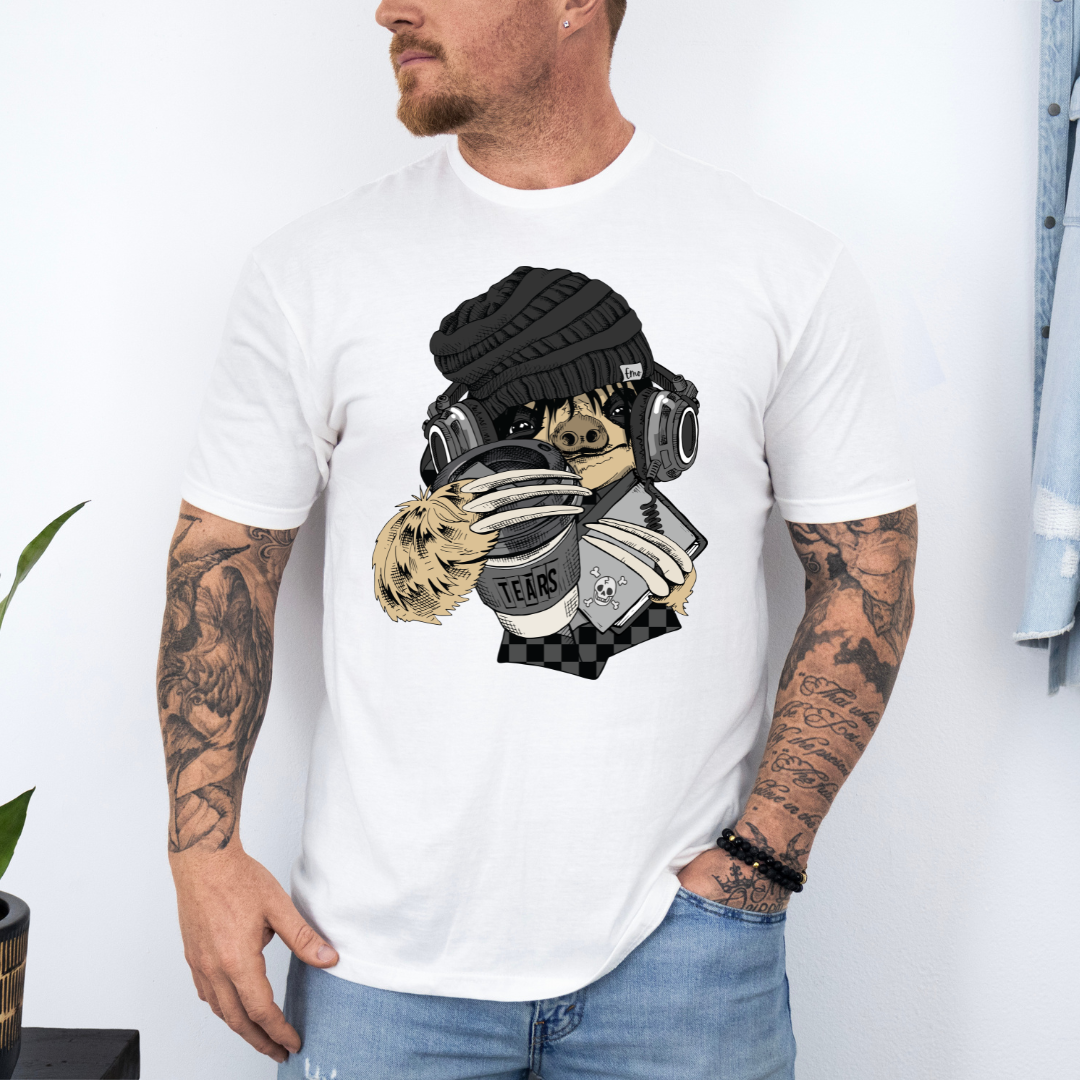 A man wearing a white short-sleeve graphic t-shirt with a stylized Emo sloth wearing a beanie, headphones, and holding a coffee cup with the word "TEARS" on it. Grab your tee from Coffee and Moo NZ.