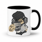 A white ceramic coffee mug with a black interior and black handle,  featuring a cartoon illustration of a sloth wearing a black knit beanie, over-ear headphones, and holding a cup with the word 'TEARS' on it and a diary, shown against a plain white background. Grab yours from Coffee and Moo NZ.