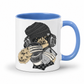 A white ceramic coffee mug with a blue interior and blue handle,  featuring a cartoon illustration of a sloth wearing a black knit beanie, over-ear headphones, and holding a cup with the word 'TEARS' on it and a diary, shown against a plain white background. Grab yours from Coffee and Moo NZ.
