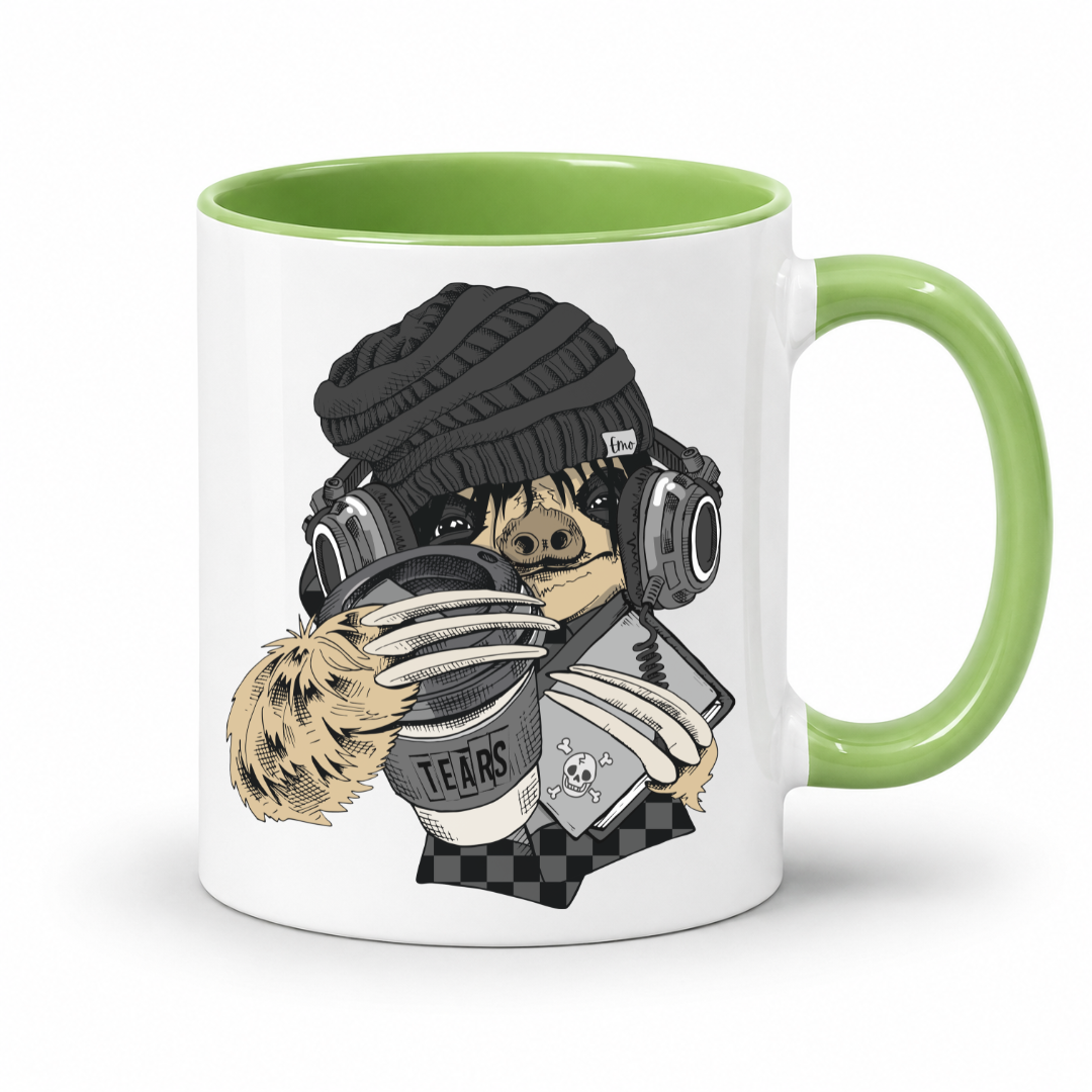 A white ceramic coffee mug with a green interior and green handle,  featuring a cartoon illustration of a sloth wearing a black knit beanie, over-ear headphones, and holding a cup with the word 'TEARS' on it and a diary, shown against a plain white background. Grab yours from Coffee and Moo NZ.