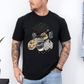A man wearing a black short-sleeve graphic t-shirt with a stylized Emo sloth wearing a beanie, headphones, and holding a coffee cup with the word "TEARS" on it. Grab your tee from Coffee and Moo NZ.