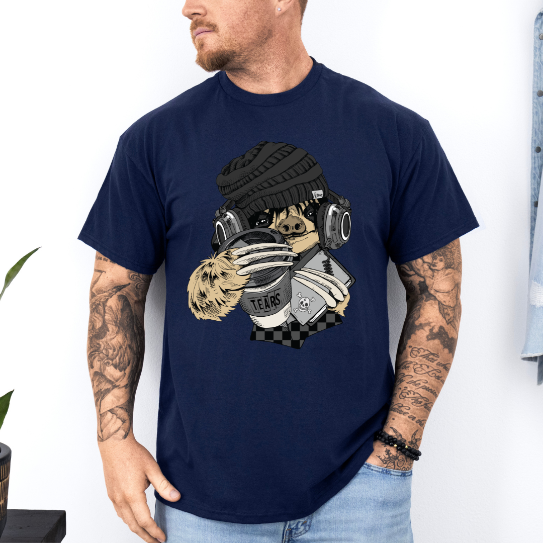 A man wearing a navy blue short-sleeve graphic t-shirt with a stylized Emo sloth wearing a beanie, headphones, and holding a coffee cup with the word "TEARS" on it. Grab your tee from Coffee and Moo NZ.