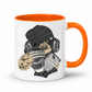 A white ceramic coffee mug with a orange interior and orange handle,  featuring a cartoon illustration of a sloth wearing a black knit beanie, over-ear headphones, and holding a cup with the word 'TEARS' on it and a diary, shown against a plain white background. Grab yours from Coffee and Moo NZ.