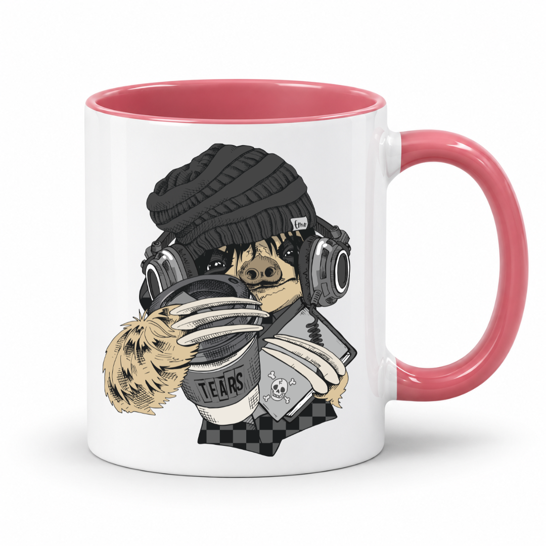 A white ceramic coffee mug with a pink interior and pink handle,  featuring a cartoon illustration of a sloth wearing a black knit beanie, over-ear headphones, and holding a cup with the word 'TEARS' on it and a diary, shown against a plain white background. Grab yours from Coffee and Moo NZ.