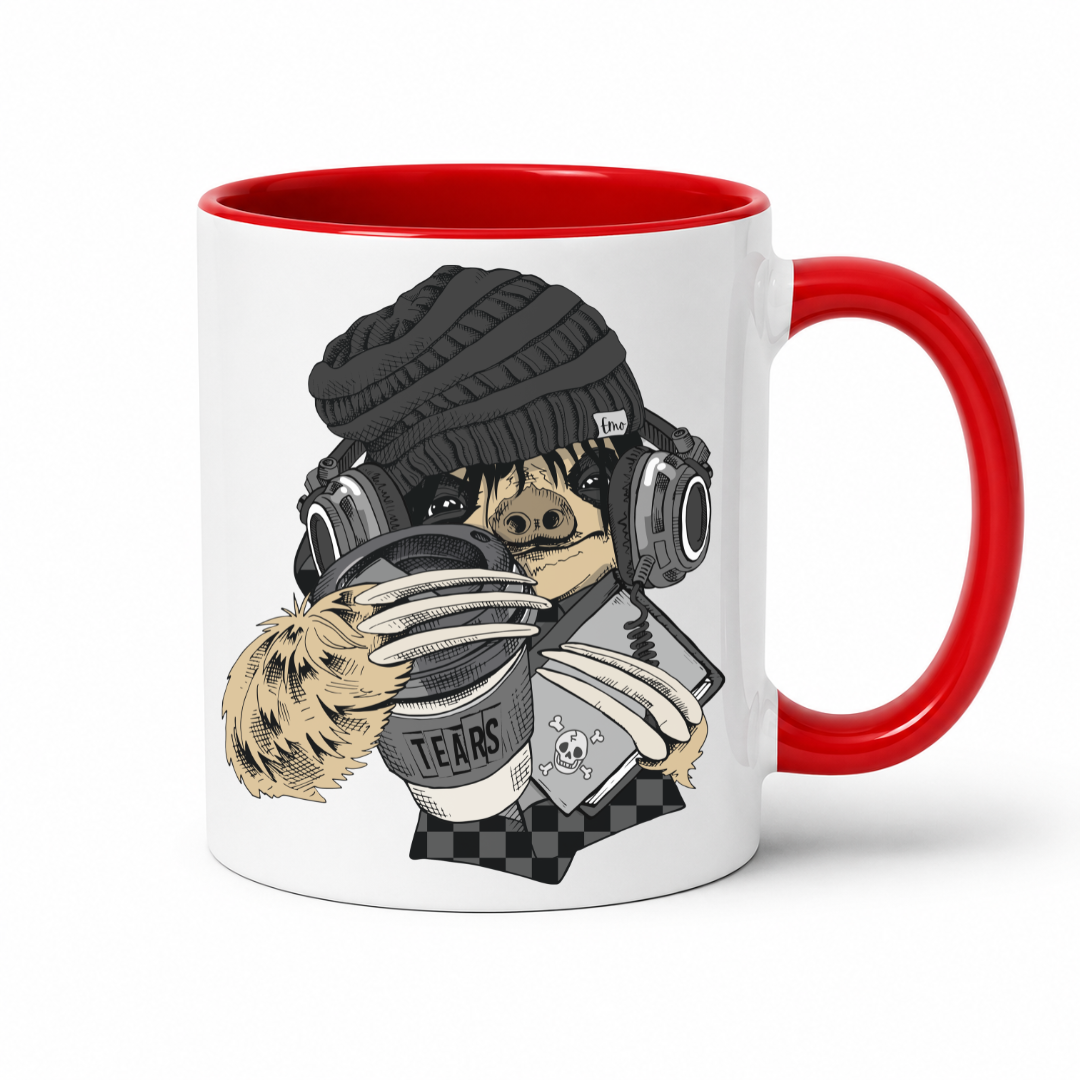 A white ceramic coffee mug with a red interior and red handle,  featuring a cartoon illustration of a sloth wearing a black knit beanie, over-ear headphones, and holding a cup with the word 'TEARS' on it and a diary, shown against a plain white background. Grab yours from Coffee and Moo NZ.