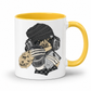A white ceramic coffee mug with a yellow interior and yellow handle,  featuring a cartoon illustration of a sloth wearing a black knit beanie, over-ear headphones, and holding a cup with the word 'TEARS' on it and a diary, shown against a plain white background. Grab yours from Coffee and Moo NZ.