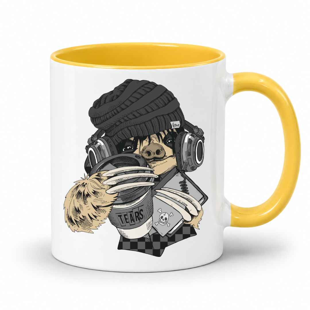 A white ceramic coffee mug with a yellow interior and yellow handle,  featuring a cartoon illustration of a sloth wearing a black knit beanie, over-ear headphones, and holding a cup with the word 'TEARS' on it and a diary, shown against a plain white background. Grab yours from Coffee and Moo NZ.