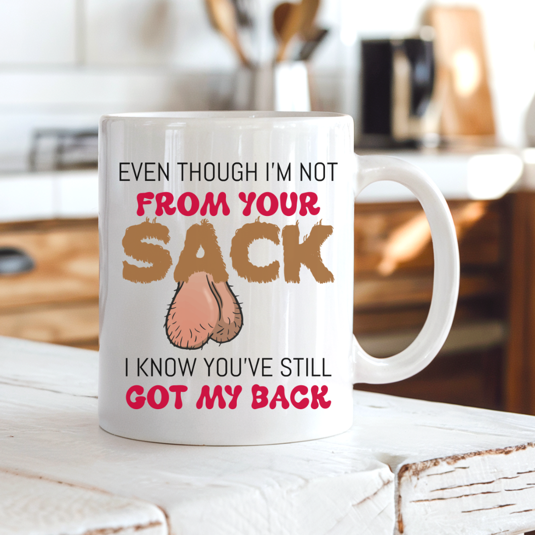 From Your Sack Cheeky Stepdad Ceramic Mug with brown text option and illustrated balls design, from Coffee and Moo.