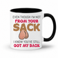 A white ceramic mug with a black handle and interior, featuring a humorous graphic with the text 'EVEN THOUGH I'M NOT FROM YOUR SACK I KNOW YOU'VE STILL GOT MY BACK' in black and red lettering, alongside a cartoon graphic of balls bags. Grab yours from Coffee and Moo NZ.