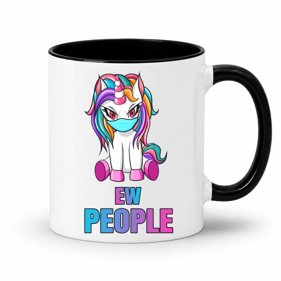 A white ceramic mug with a black handle and black interior, featuring a cartoon unicorn graphic with rainbow hair, a blue face mask, and the text 'EW PEOPLE' in blue, purple, and pink gradient letters. from Coffee and Moo.