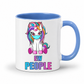 A white ceramic mug with a blue interior and handle, featuring a cartoon unicorn with rainbow hair and a face mask above the text 'EW PEOPLE' in blue, purple, and pink. from Coffee and Moo.
