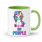 A white ceramic mug with a light green interior and handle, featuring a cartoon graphic of a unicorn wearing a face mask above the text 'EW PEOPLE' in blue, purple, and pink gradient letters. from Coffee and Moo.
