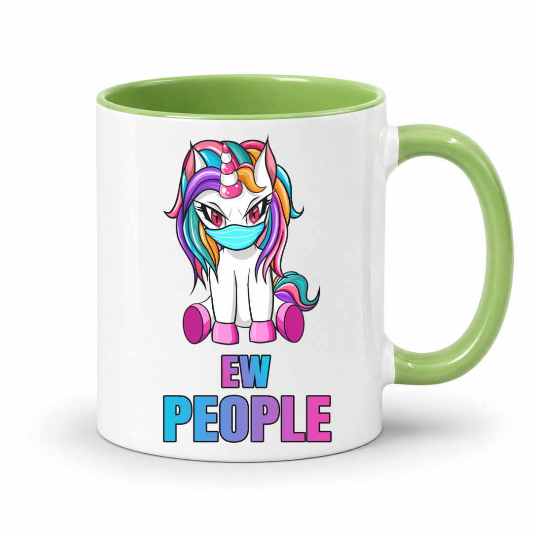 A white ceramic mug with a light green interior and handle, featuring a cartoon graphic of a unicorn wearing a face mask above the text 'EW PEOPLE' in blue, purple, and pink gradient letters. from Coffee and Moo.