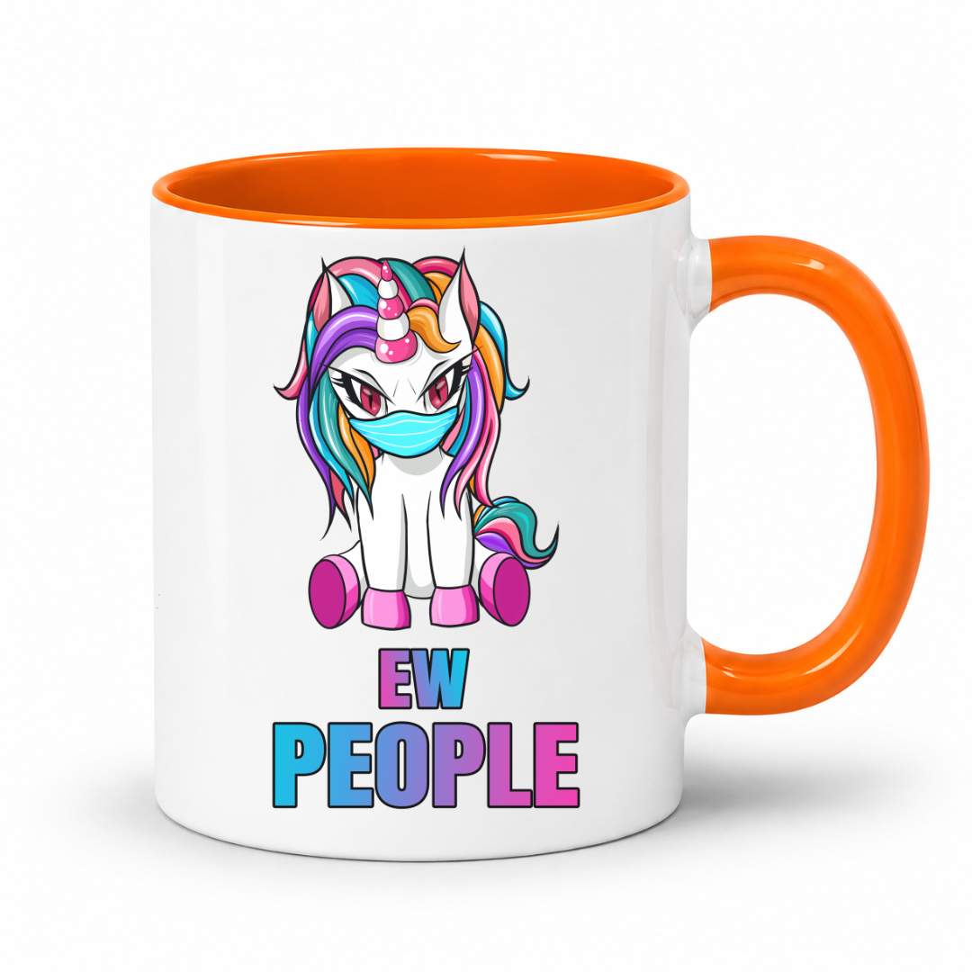 A white ceramic mug with a bright orange handle and interior, featuring a cartoon unicorn wearing a blue face mask above the text 'EW PEOPLE' in blue, pink, and purple gradient letters. from Coffee and Moo.