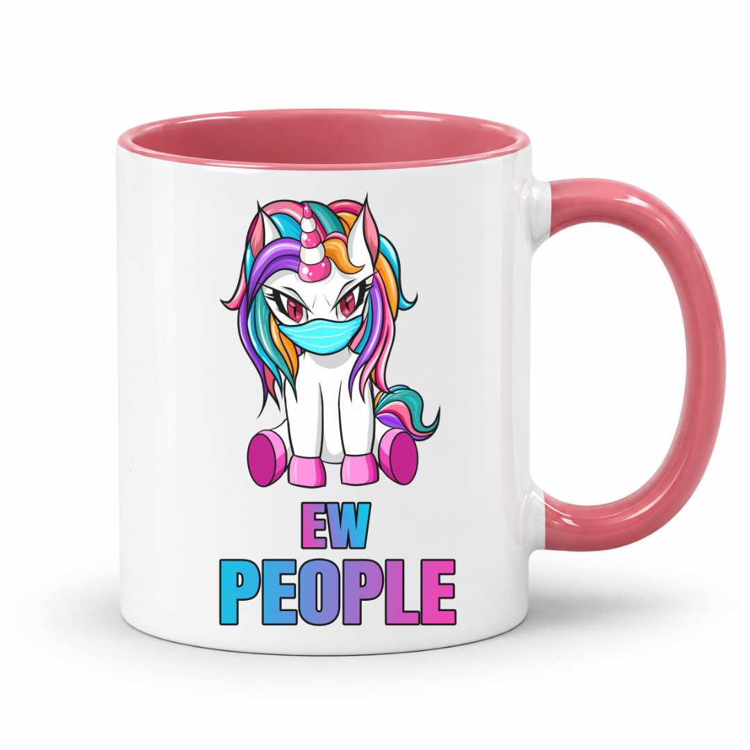 A white ceramic mug with a pink interior and handle, featuring a cartoon unicorn wearing a blue face mask and the text 'EW PEOPLE' printed below in colorful gradient letters from Coffee and Moo.