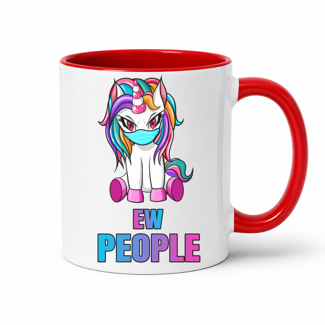 A white ceramic mug with a red handle and red interior, featuring a cartoon unicorn with rainbow hair and a blue face mask above the text 'EW PEOPLE' in rainbow letters. from Coffee and Moo.