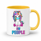 A white ceramic mug with a yellow interior and yellow handle, featuring a cartoon unicorn wearing a blue face mask above the text 'EW PEOPLE' in blue, purple, and pink. from Coffee and Moo.