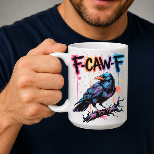 A person holding a white ceramic mug with a colorful graphic of a raven and the text 'F-CAW-F' in a graffiti-style font. The person is wearing a dark navy blue t-shirt against a neutral gray background.