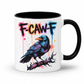 A white ceramic mug with a black handle and black interior, featuring a colorful graphic of a raven perched on a branch with the text 'F-CAW-F' in a graffiti-style font.
