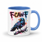 A white ceramic coffee mug with a blue handle and blue interior, featuring a colorful graphic of a raven on a branch with the text 'F-CAW-F' in black and paint-splatter colors.