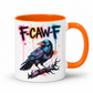 A white ceramic mug with a bright orange handle and interior, featuring a colorful graphic of a blue and purple raven on a branch with the text 'F-CAW-F' in black outlined lettering.