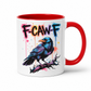 A white ceramic mug with a red handle and red interior, featuring a colorful graphic of a raven on a branch with the text 'F-CAW-F' in a graffiti-style font.