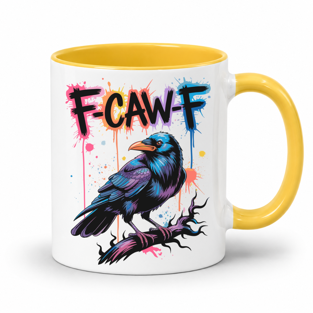 A white ceramic mug with a yellow interior and handle, featuring a colorful graphic of a raven on a branch with the text 'F-CAW-F' in black, orange, pink, and blue paint splatter.