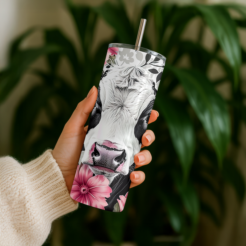 A hand holding a 20oz tumbler decorated with a realistic black and white cow face and pink floral accents, set against a blurred background of green houseplants. Grab yours from Coffee & Moo NZ