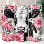 Floral Friesian Cow tumbler shown in three views, featuring a black and white Friesian cow surrounded by pink flowers, green leaves and decorative floral patterns, from Coffee & Moo.