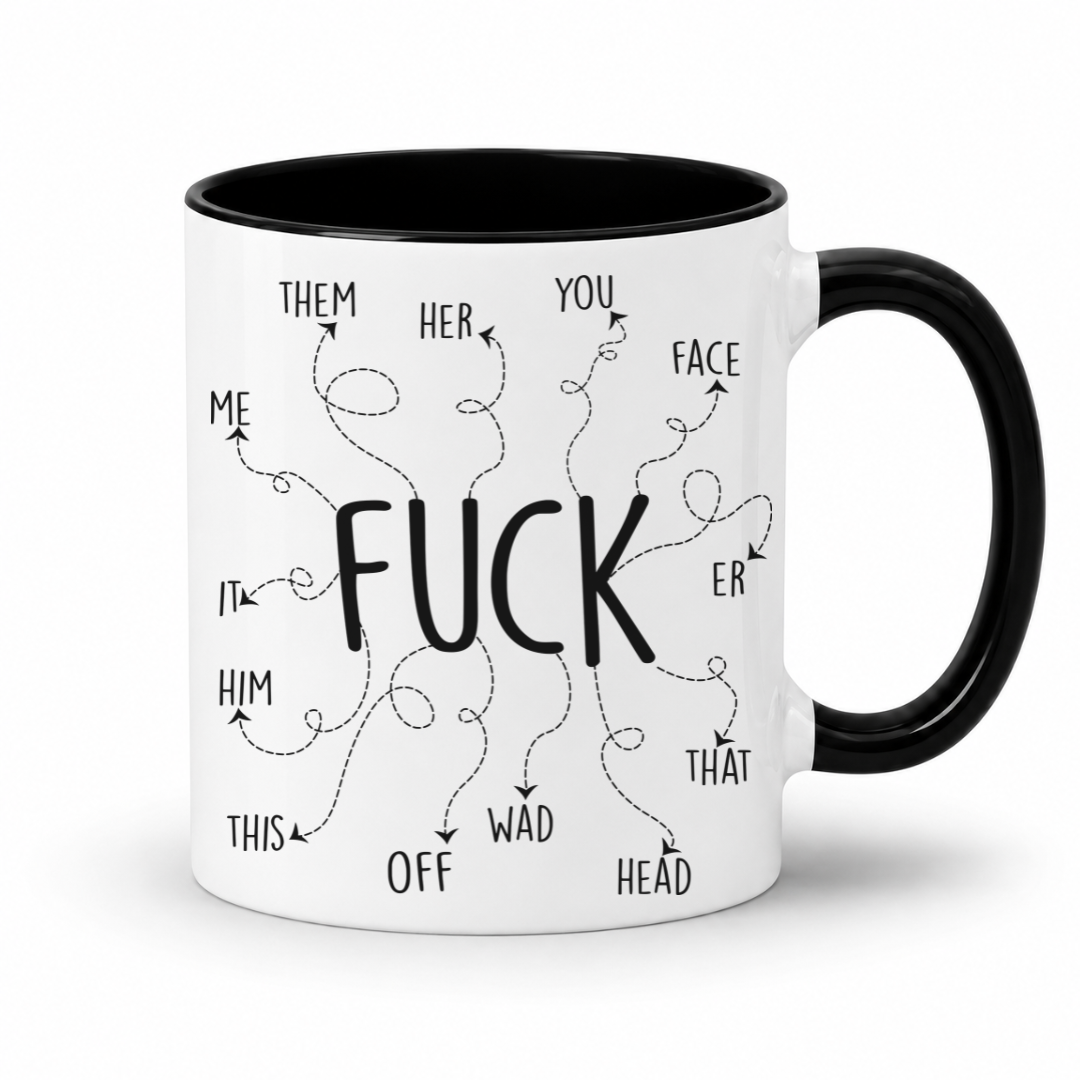 A white ceramic coffee mug with a black interior and black handle, featuring a black graphic print with the word 'FUCK' in the center and dotted lines connecting related words around it. From Coffee and Moo NZ.