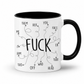 A white ceramic coffee mug with a black interior and black handle, featuring a black graphic print with the word 'FUCK' in the center and dotted lines connecting related words around it. From Coffee and Moo NZ.