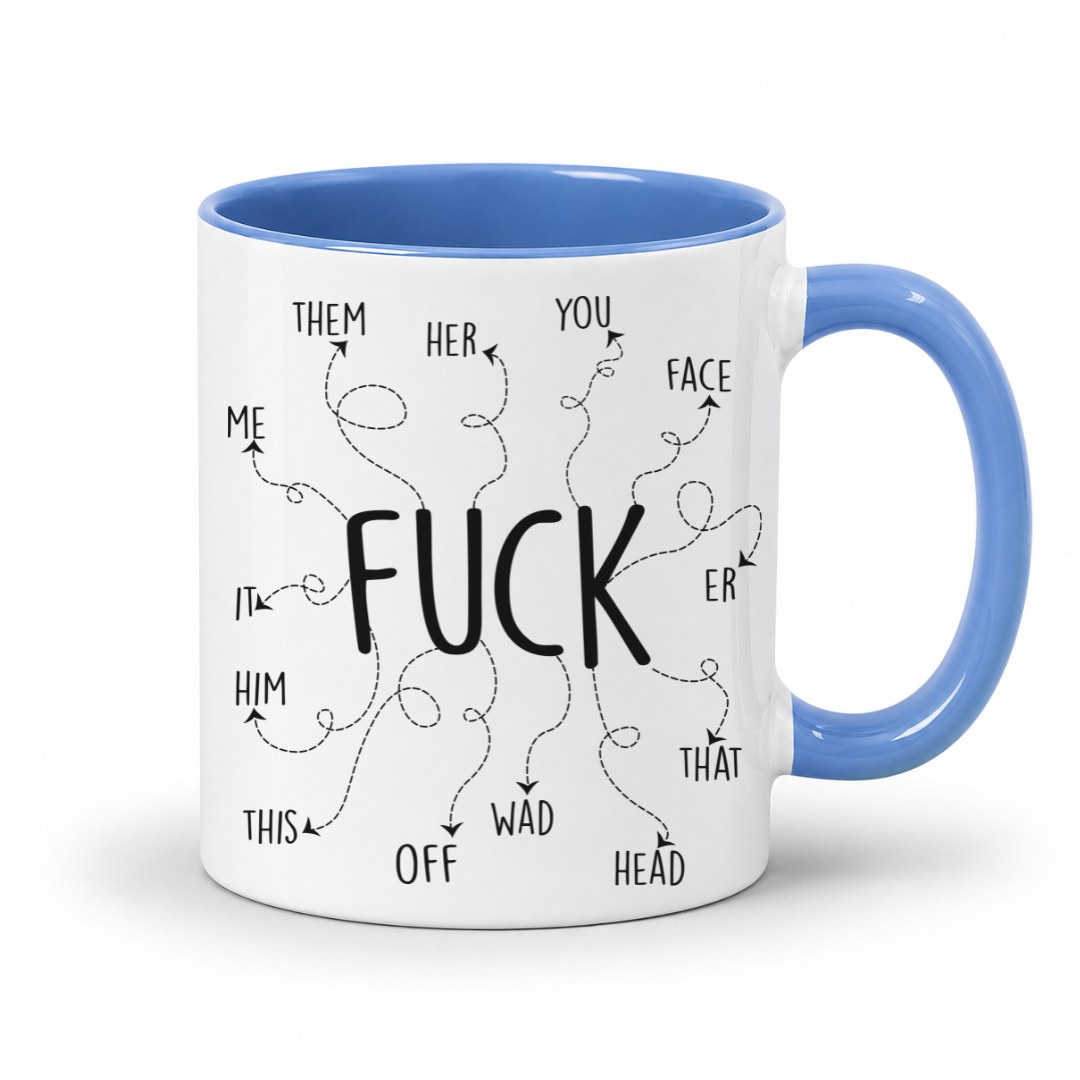 A white ceramic coffee mug with a blue interior and handle, featuring a black graphic print with the word 'FUCK' in the center and various adjectives like 'THEM', 'HER', 'YOU', 'FACE', 'ME', 'IT', 'HIM', 'THIS', 'OFF', 'WAD', 'THAT', and 'HEAD' arranged in a messy, scribbled pattern. From Coffee and Moo NZ.