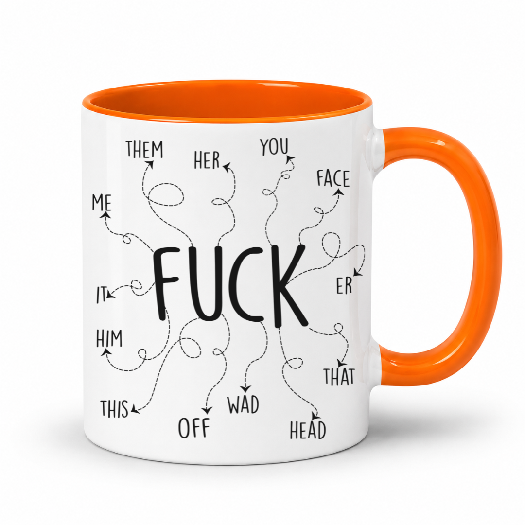 A white ceramic mug with a bright orange handle and interior, featuring a black graphic print with the word 'FUCK' in the center and various words and arrows branching out around it. From Coffee and Moo NZ.