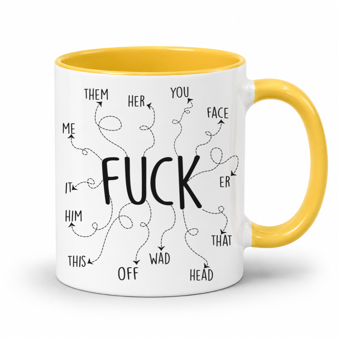 A white ceramic coffee mug with a yellow interior and yellow handle, featuring a black graphic of the word 'FUCK' surrounded by arrows pointing to other black words on a white background. From Coffee and Moo NZ.