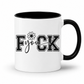 Fuck You Funny Coffee Mug. black inner & handle. showing the full black-and-white "Fuck you" design with a daisy accent, from Coffee and Moo.