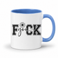 Fuck You Funny Coffee Mug. blue inner & handle. showing the full black-and-white "Fuck you" design with a daisy accent, from Coffee and Moo.