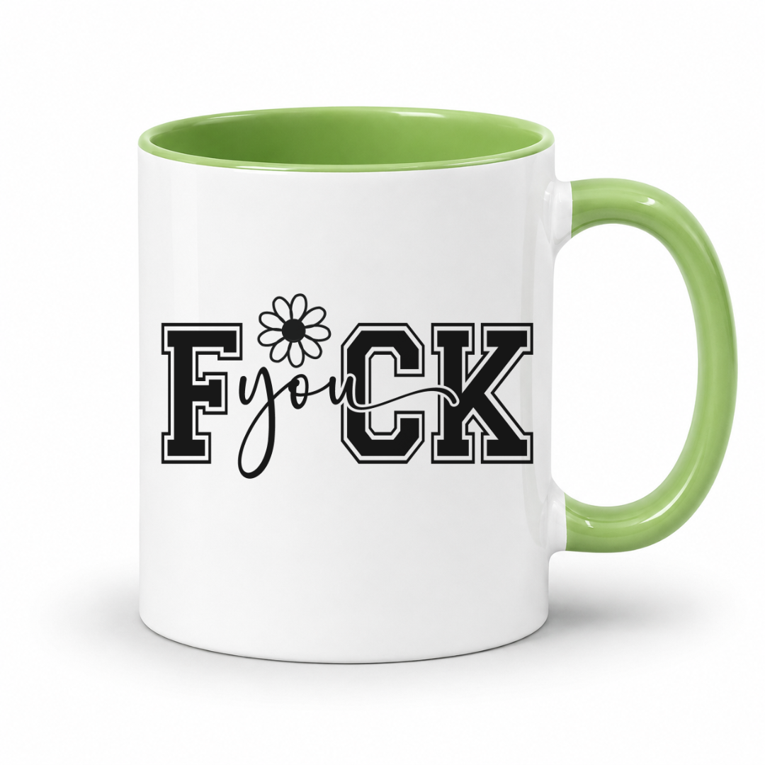 Fuck You Funny Coffee Mug. green inner & handle. showing the full black-and-white "Fuck you" design with a daisy accent, from Coffee and Moo.