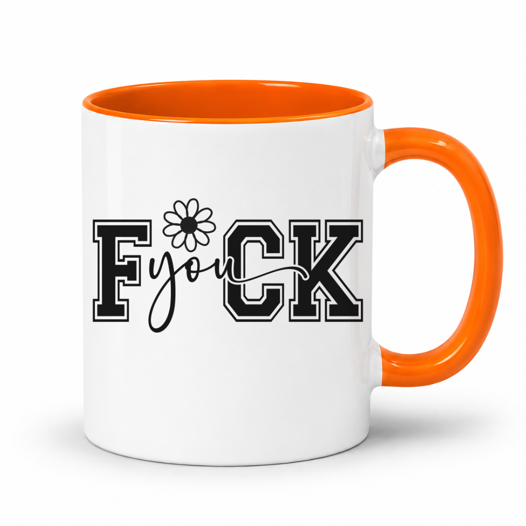 A white ceramic mug with a bright orange handle and interior, featuring the text 'FUCK YOU' printed on the front in black and white block lettering with a small flower graphic. From Coffee and Moo NZ