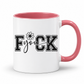 A white ceramic mug with a pink handle and interior, featuring the text 'FUCK YOU' printed on the front in black and white block lettering with a small flower graphic. From Coffee and Moo NZ