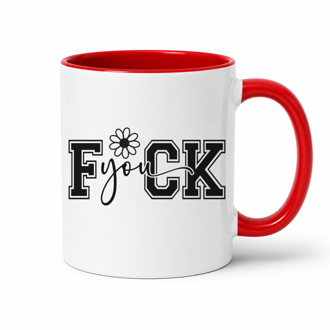 A white ceramic mug with a bright red handle and interior, featuring the text 'FUCK YOU' printed on the front in black and white block lettering with a small flower graphic. From Coffee and Moo NZ