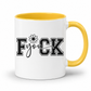 A white ceramic mug with a bright yellow handle and interior, featuring the text 'FUCK YOU' printed on the front in black and white block lettering with a small flower graphic. From Coffee and Moo NZ
