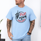 A man wearing a light blue graphic t-shirt with a black and red fist-bump hand design that reads 'Fuck YOUR Feelings'. Purchase from Coffee and Moo NZ.