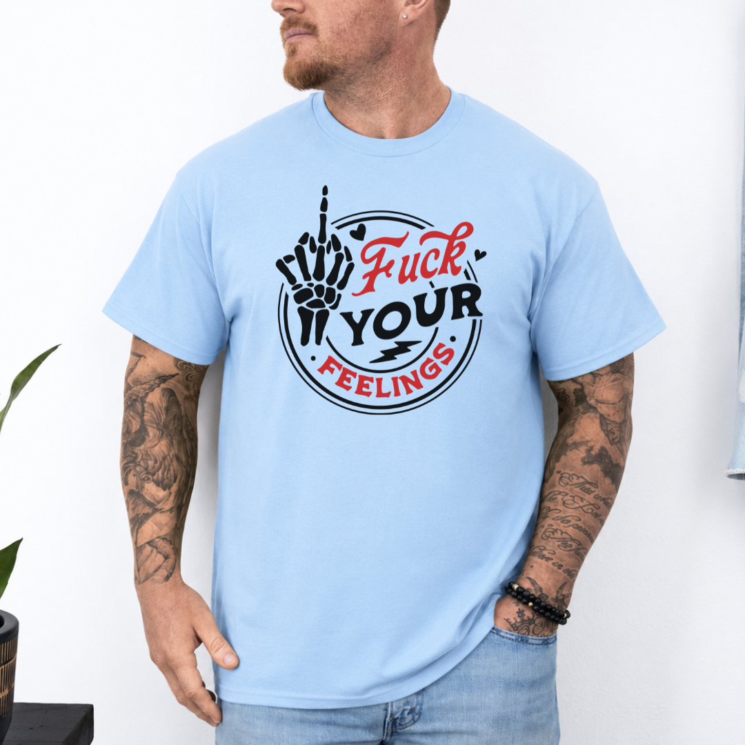A man wearing a light blue graphic t-shirt with a black and red fist-bump hand design that reads 'Fuck YOUR Feelings'. Purchase from Coffee and Moo NZ.