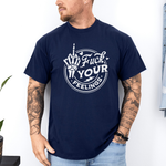 Male Model wearing a navy Fuck Your Feelings Skeleton Hand Graphic Tee, showcasing the skeleton middle finger design and comfortable fit, purchase from Coffee and Moo NZ.