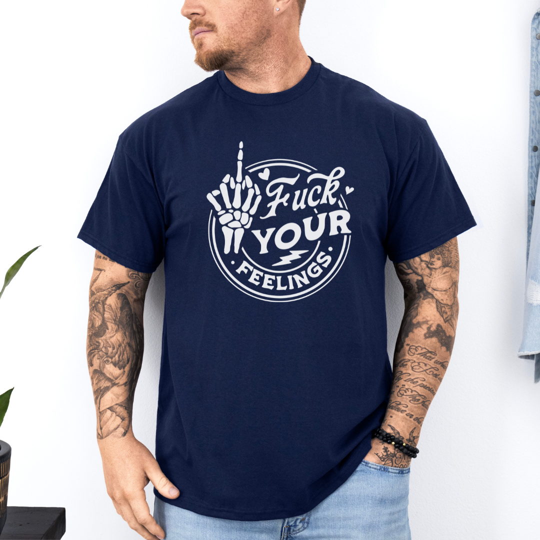 Male Model wearing a navy Fuck Your Feelings Skeleton Hand Graphic Tee, showcasing the skeleton middle finger design and comfortable fit, purchase from Coffee and Moo NZ.