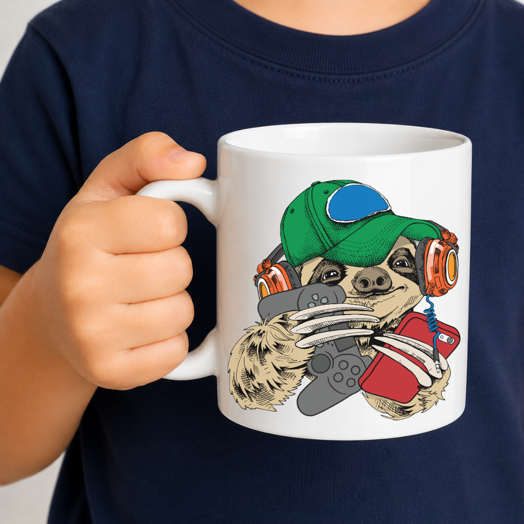 A child in a navy blue shirt holding a white ceramic mug. The mug features a cartoon sloth graphic wearing a green cap, orange headphones, and holding a gray game controller and a red phone. Purchase your mug from Coffee and Moo NZ.