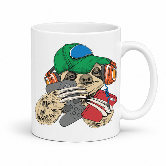 A white ceramic mug featuring a cartoon sloth graphic wearing a green cap, orange headphones, and red sneakers while holding a grey video game controller. Purchase your mug from Coffee and Moo NZ.