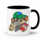 A white ceramic coffee mug with a black interior and black handle, featuring a cartoon sloth graphic wearing a green cap, orange headphones, and holding a red phone and grey game controller. Purchase your mug from Coffee and Moo NZ.