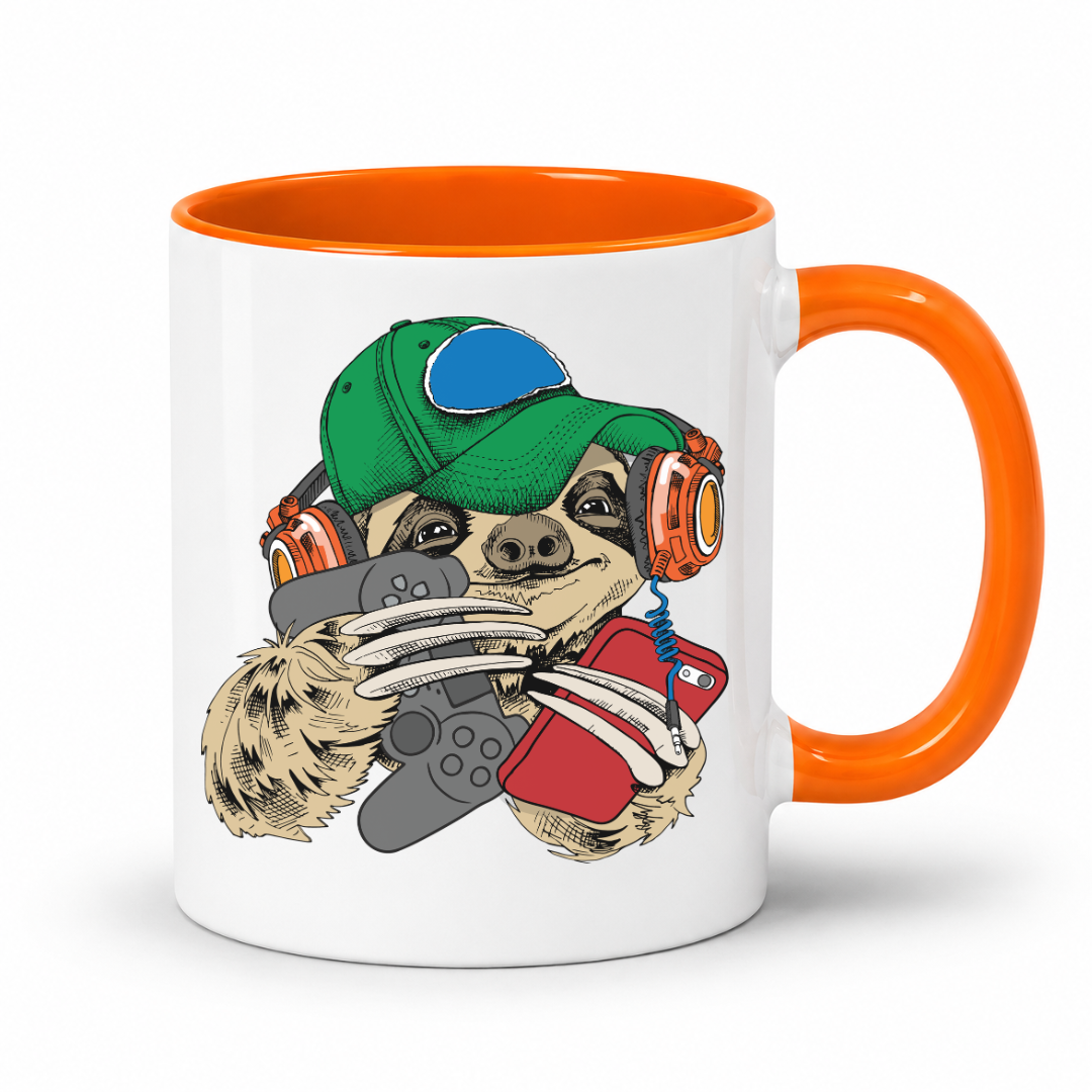 A white ceramic coffee mug with a bright orange interior and handle, featuring a cartoon sloth graphic wearing a green cap, orange headphones, and holding a game controller and red phone. Purchase your mug from Coffee and Moo NZ.