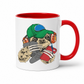 A white ceramic mug with a red interior and red handle, featuring a cartoon sloth wearing a green cap, orange headphones, and holding a grey controller and red cup. Purchase your mug from Coffee and Moo NZ.